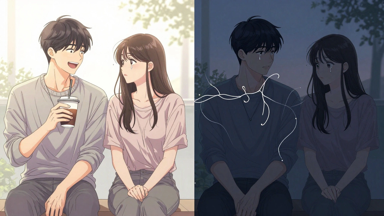 İki paralel zaman çizgisi: bir çiftin sevgi dolu sabahı ve sessiz akşamı, hafıza iplikleriyle bağlanmış.