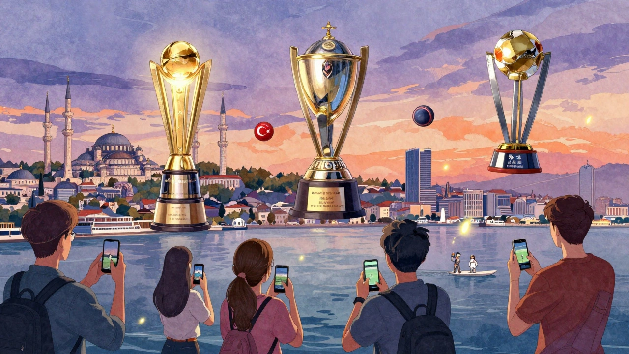 İstanbul&#039;da, IPL, The Ashes ve ICC kupaları gökyüzünde yüzerken gençler cricket izliyor.