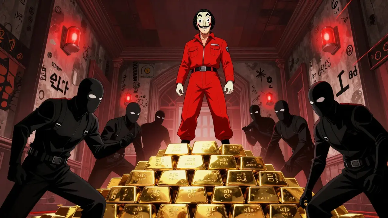 Kırmızı maskeli bir grup, altın dolu bir bina içinde soygun yapıyor.