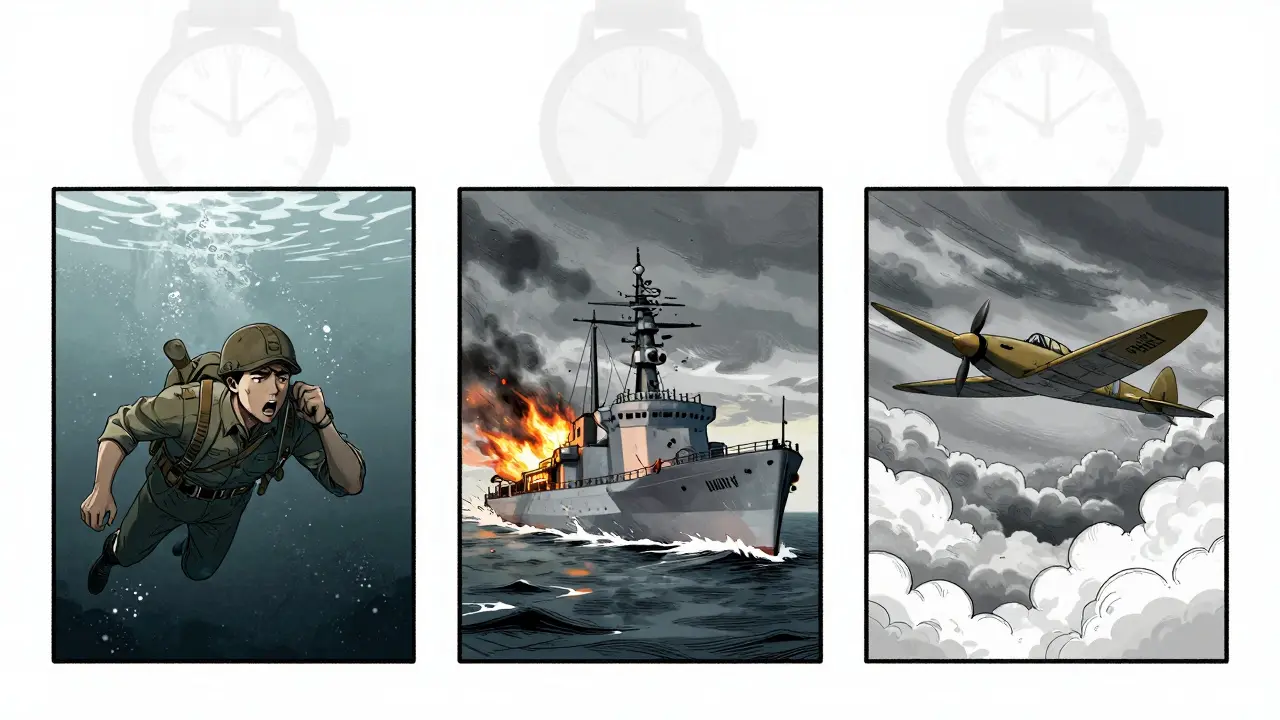 Kore webtoon tarzında, üç farklı zaman dilimindeki Dunkirk sahneleri: su altı, gemi ve uçak.