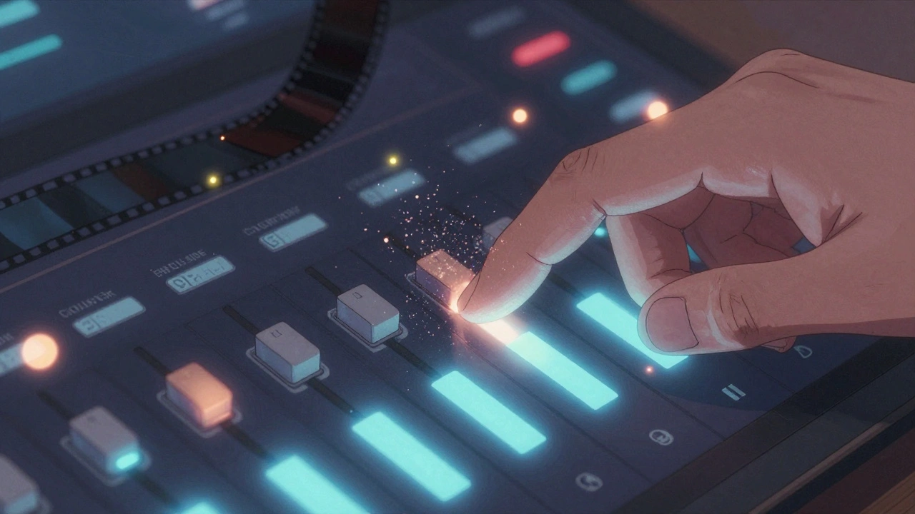 Korece webtoon tarzında, renk düzenleyicinin dijital arayüzde film efektlerini ayarlaması.