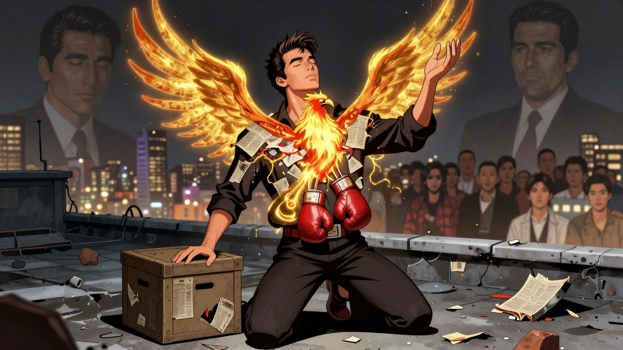 Marlon Brando as Terry on a rooftop, a phoenix rising from his chest, symbols of lost dreams around him.