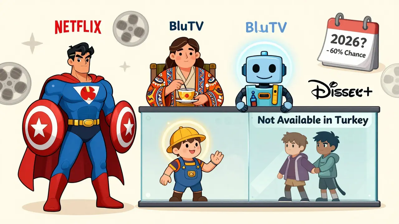 Netflix, BluTV ve Amazon Prime Video'nun Türk kullanıcılar için karşılaştırılması, Hotstar ve Disney+ arka planda kilitli.