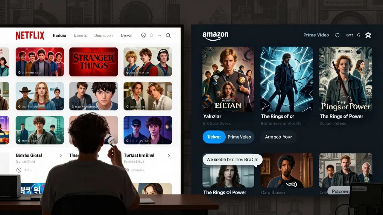 Netflix ve Amazon Prime Video arayüzlerinin karşılaştırılması, Korean webtoon tarzında, kişiselleştirilmiş önerilerle.