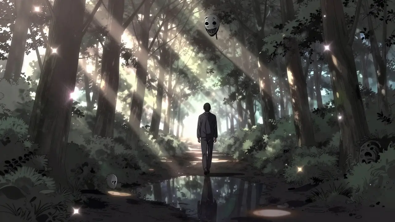 Ormanlık bir alanda güneş ışığının yarattığı flarlar ve yansımadaki garip varlık.