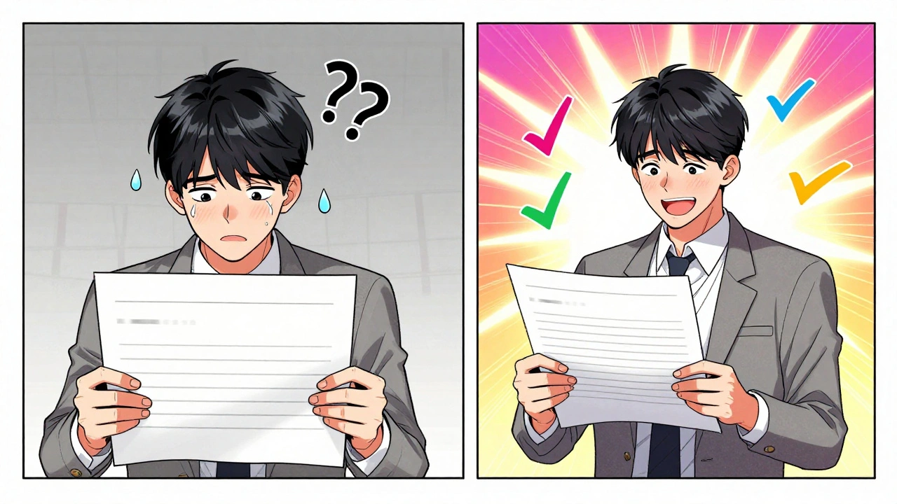 Sol tarafta boş bir belgeyle mücadele eden yazar, sağ tarafta doldurulmuş şablonla mutlu bir şekilde yazıyor.