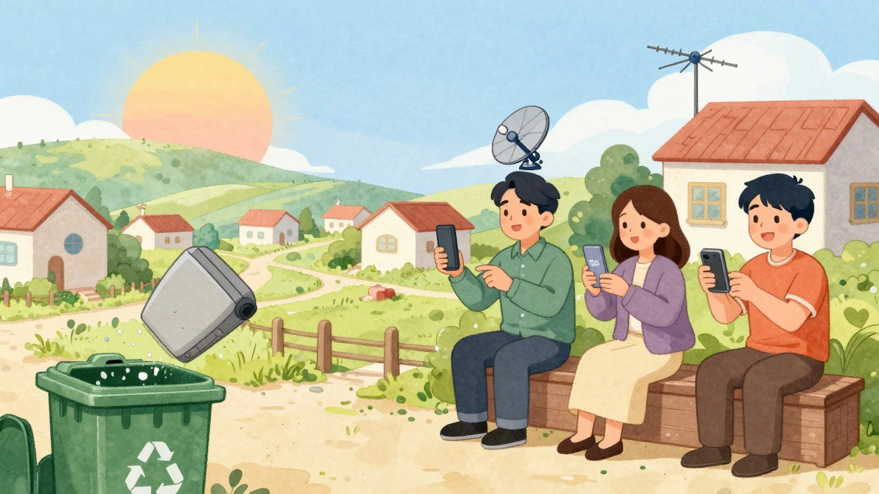 Three rural families use different TV technologies as a faded cable box is discarded.