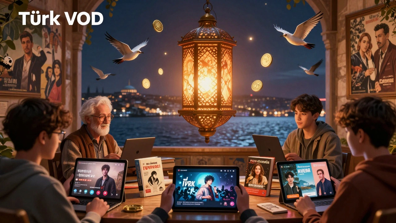 Türk VOD adlı bir fener, blokzincir paraları ve AI kuşları etrafında dönerken, izleyiciler kişiselleştirilmiş reklamlarla filmleri izliyor.