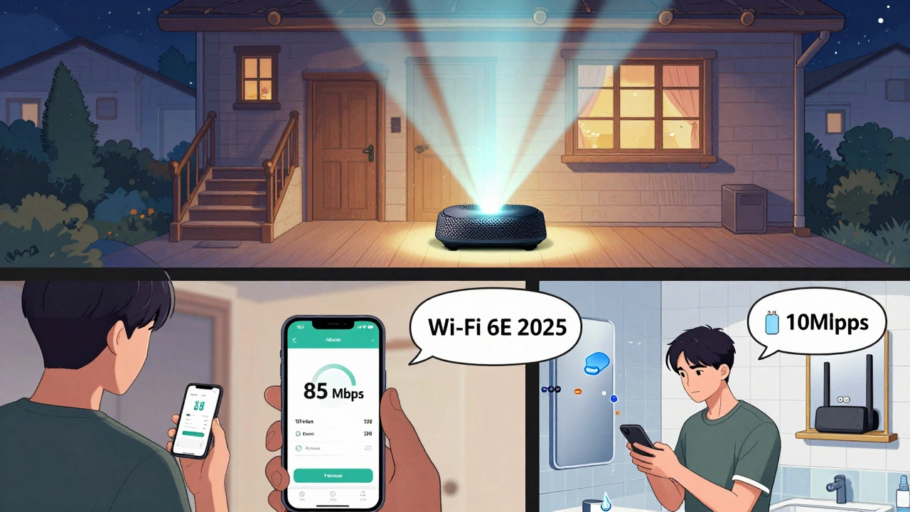 Two-story home with mesh Wi-Fi nodes ensuring strong signal on all floors, shown with speed test results.