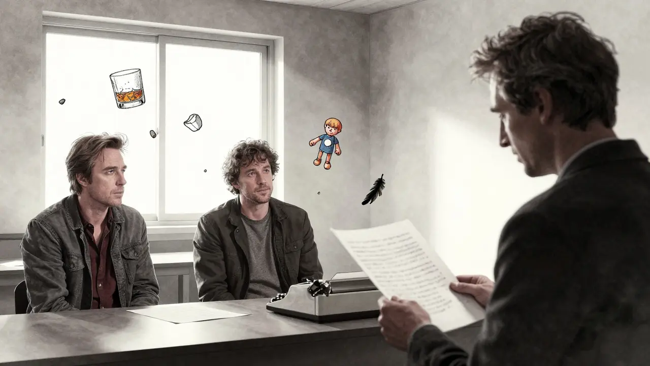 Actors Hoffman and Day-Lewis in a quiet rehearsal, surrounded by memories, with Anderson watching.