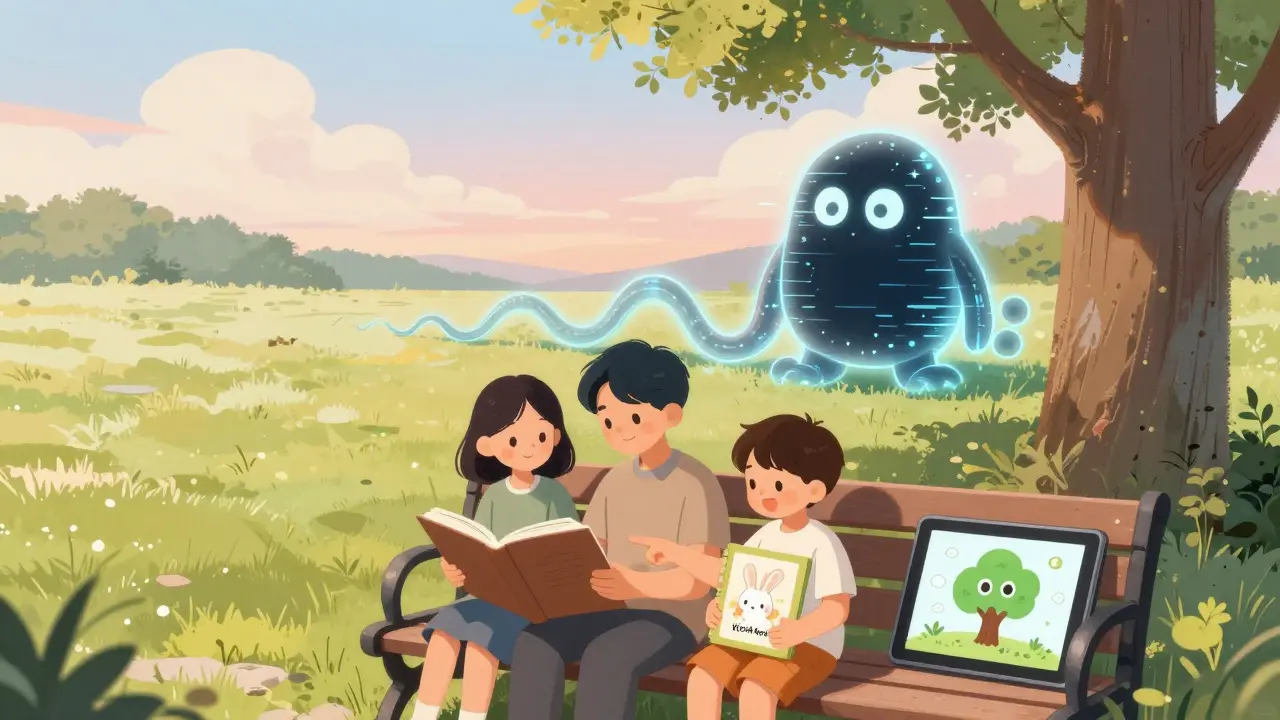 Aile, reklamsız bir kitap okurken, dijital reklamlar uzaklaşırken.