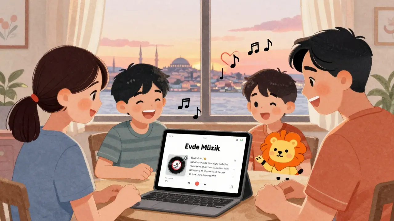 Aile üyeleri birlikte müzik listesi oluştururken, çocuk modu güvenli içerik sunuyor.