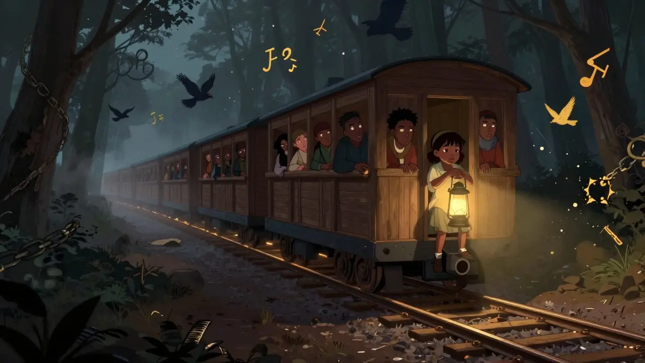 Altın Yol treni, ormanda gizli bir şekilde ilerliyor, yolcular umutla bakıyor.