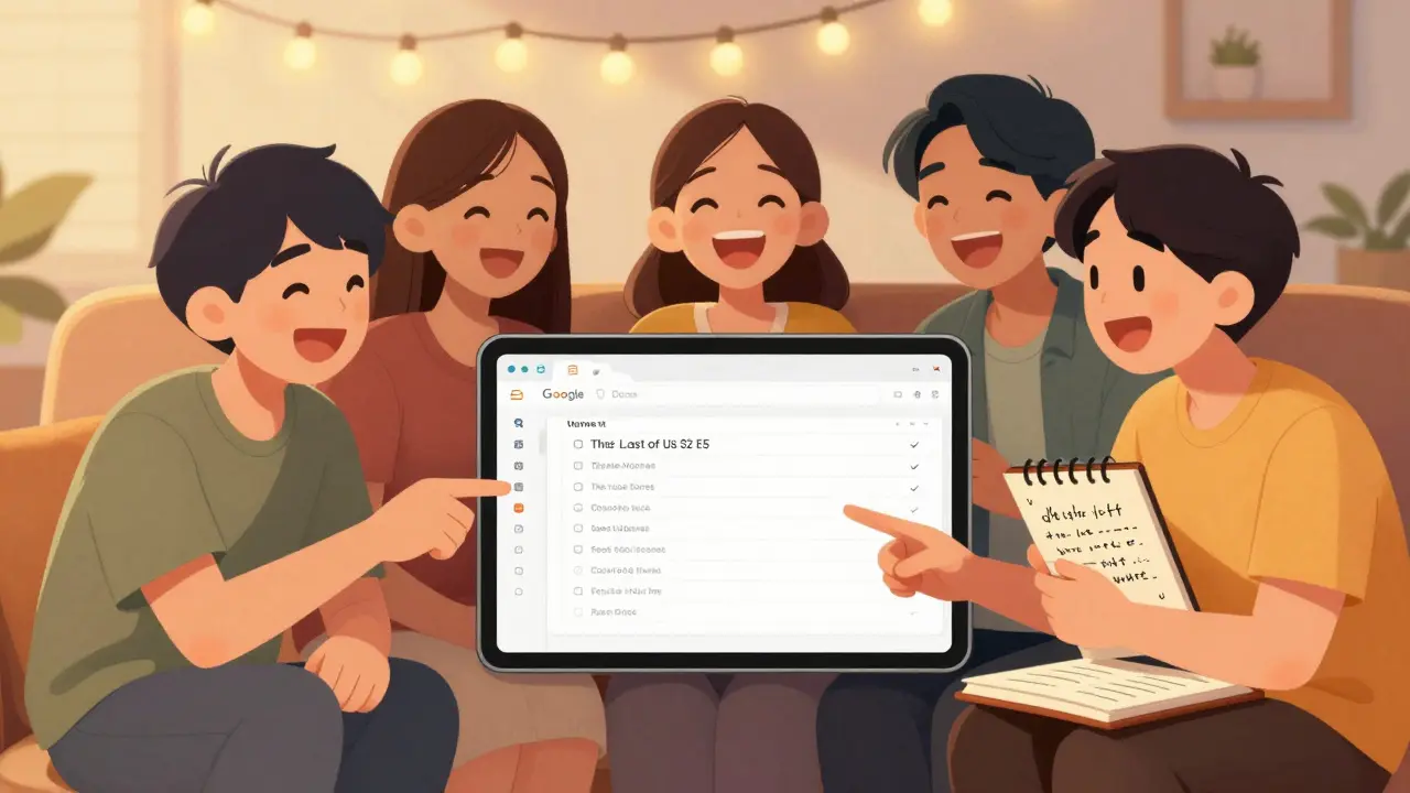 Arkadaşlar, bir Google Docs'ta ortak izleme listesi paylaşıyor ve izledikleri dizileri işaretliyor.