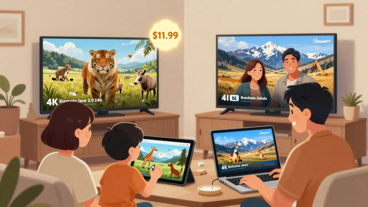 Bir aile dört cihazda reklamsız Paramount+ izliyor, 4K belgeseller ve dizilerle dolu bir ortam.