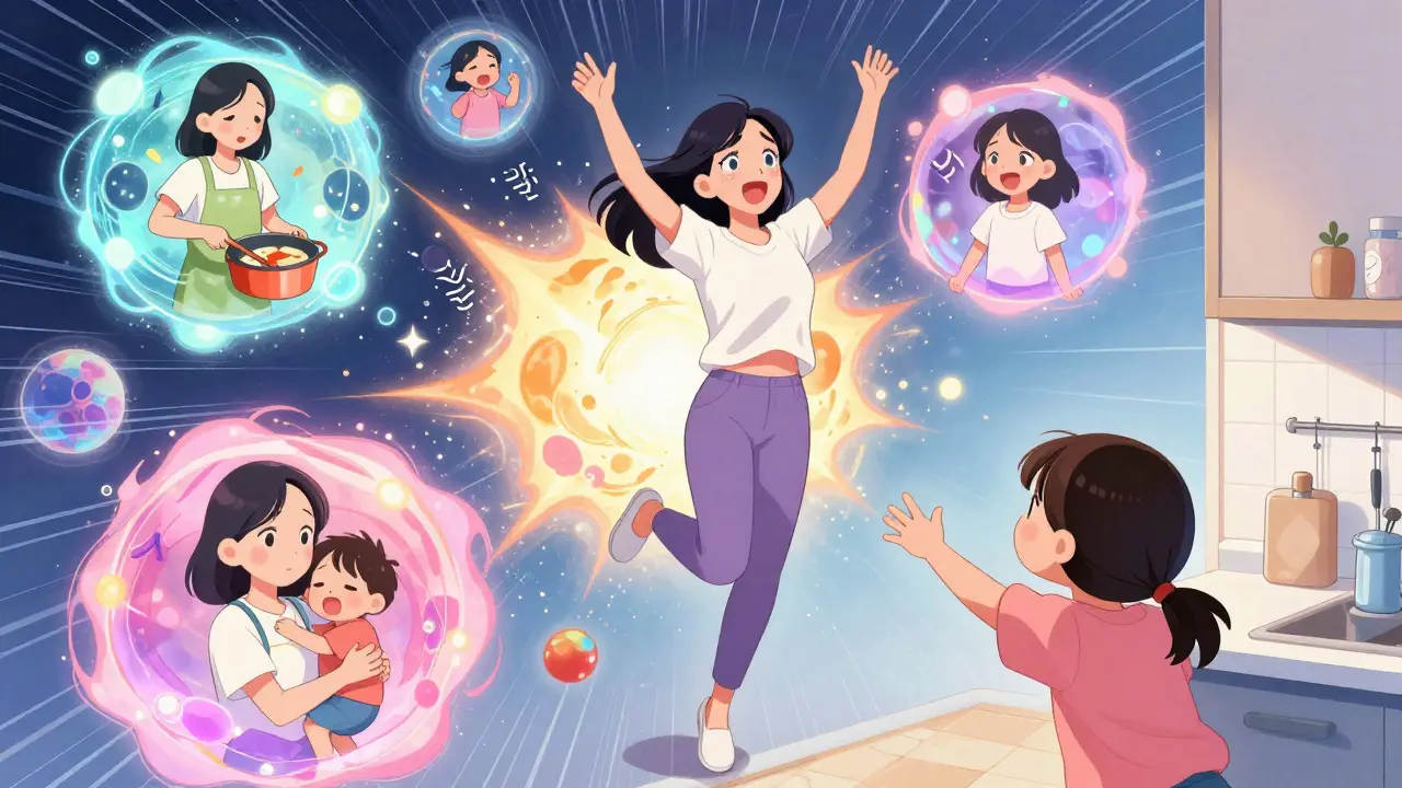 Bir annenin çoklu evrenlerdeki yaşamı, renkli ve duygusal bir webtoon sahnesi.