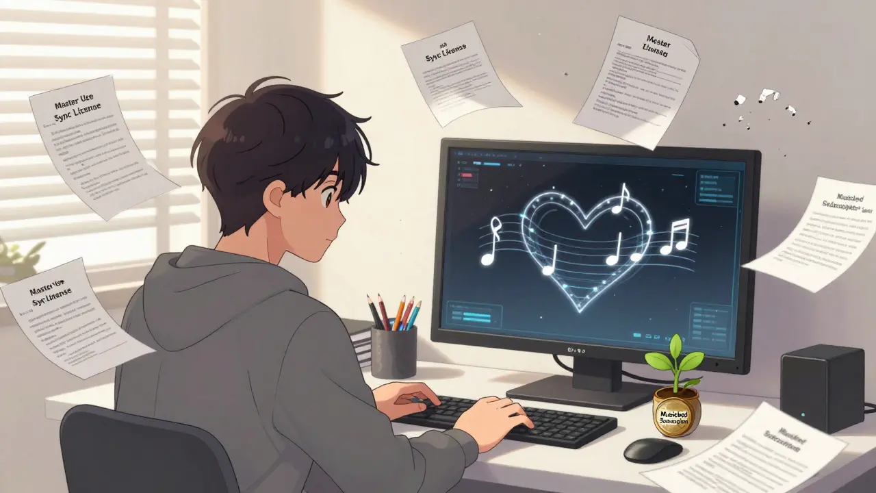 Bir bağımsız film yapımcısı, lisans belgeleriyle dolu bir masada, AI müzik notları ve bir abonelik ikonuyle başbaşa.