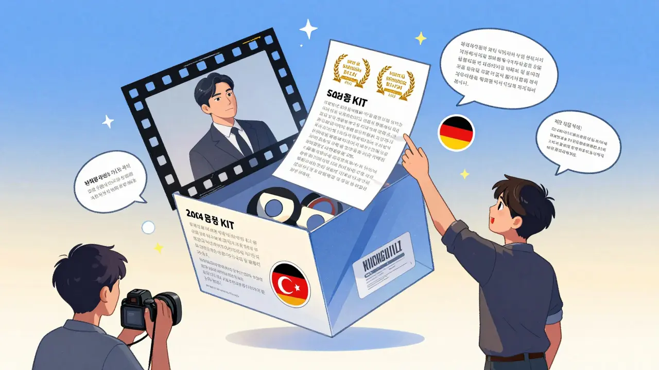 Bir film için hazırlanmış satış kiti, ödül plakaları ve alt yazılarla birlikte havalı duruyor.