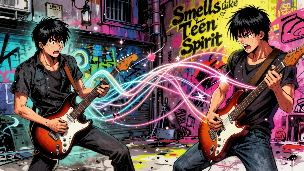 Bir kavga sahnesinde Nirvana şarkısı neon gitar telleri şeklinde hava içinde savruluyor, savaşanların kalplerine bağlı.