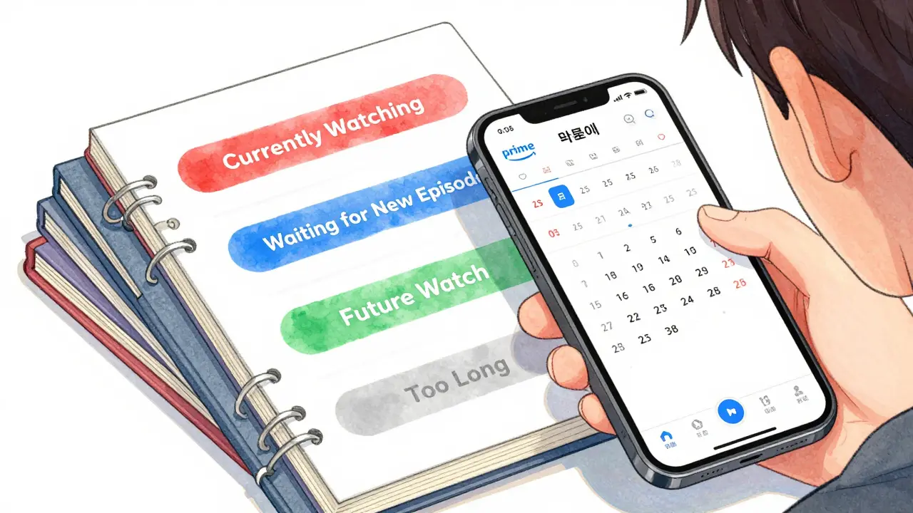 Bir kişi, Prime Video izleme listesini renkli kategorilere ayırıyor ve takvimde bölüm hatırlatmaları ayarlıyor.