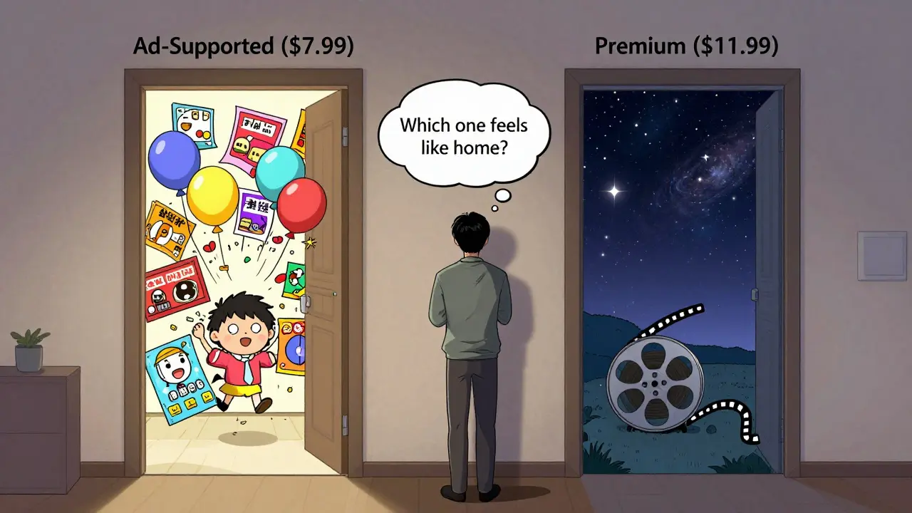 Bir kişi reklamlı ve reklamsız planlar arasında seçim yaparken, her iki kapı arkasında tamamen farklı duygusal atmosferler var.