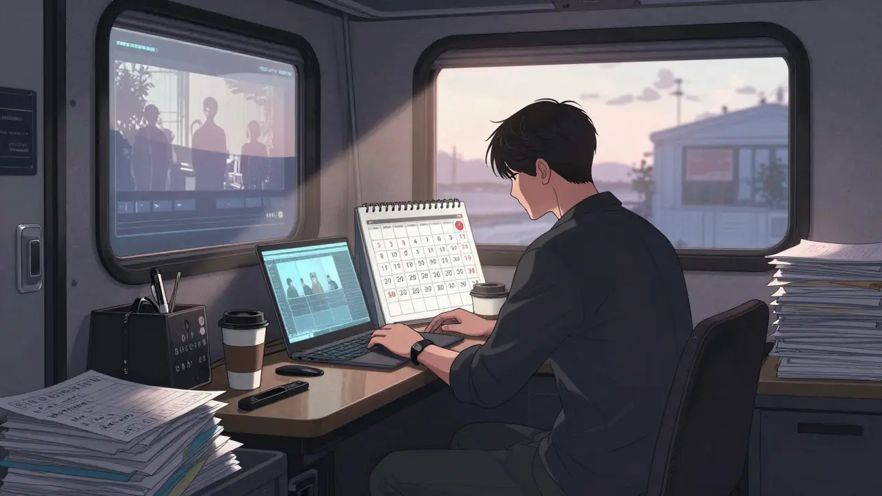 Bir line producer, sabah ışığında bir treylerde kahveyle yalnız, arka planda tamamlanan bir filmin yansıması görülüyor.