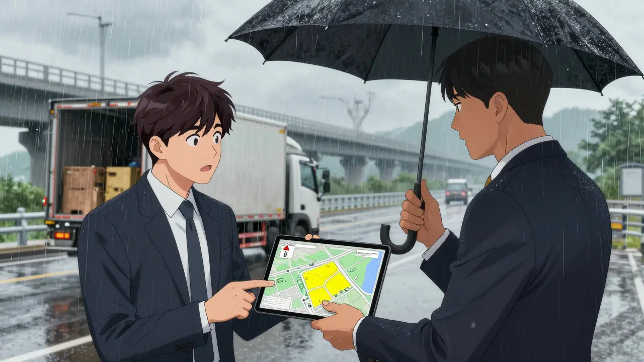 Bir line producer, yağmur altında bir yetkiliyle görüşüyor, arka planda ekipmanlar yeni bir köprüye taşınıyor.