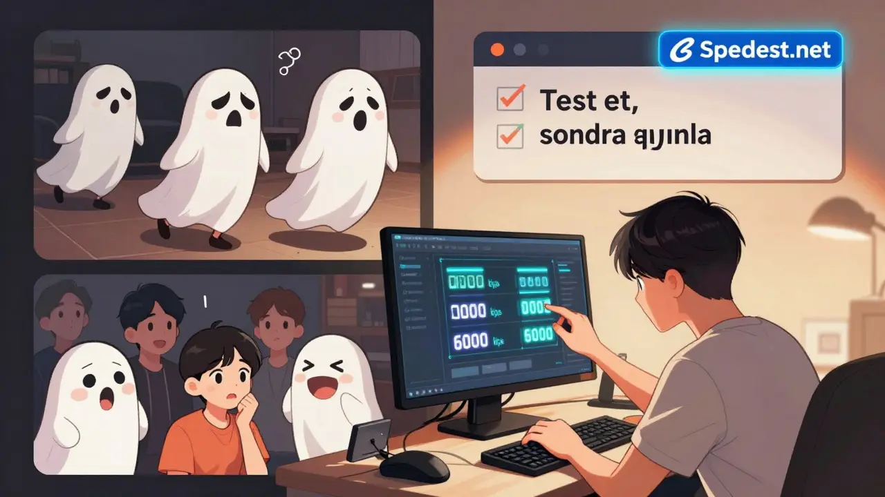 Bir streamer, akış ayarlarını 12000 kbps'den 6000 kbps'ye düşürüyor, etrafında memnun izleyiciler ve ayrılan izleyiciler var.