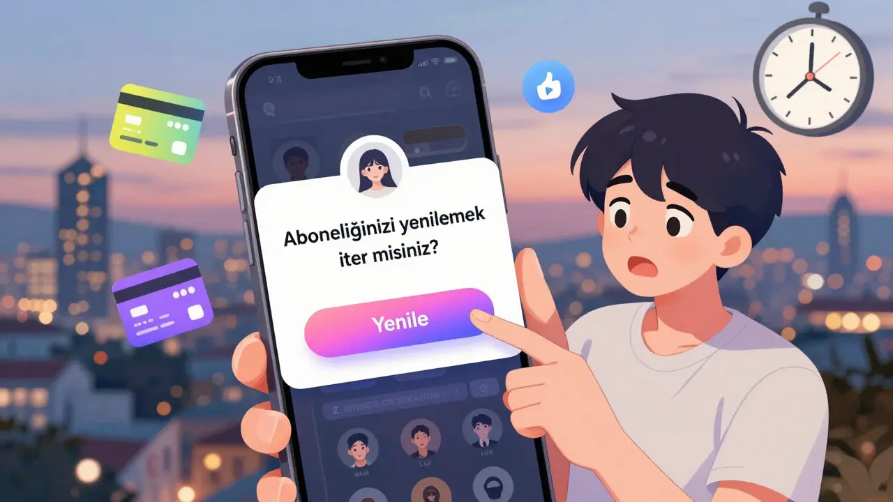 Bir telefon ekranında 'Yenile' butonuna dokunmak üzere el, dijital abonelik öğeleriyle çevrili.