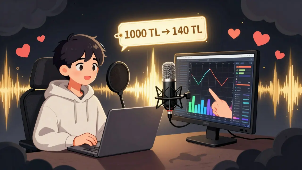 Bir yayıcı, basit ekipmanla profesyonel ses kalitesine dönüşüyor, izleyiciler kalplerle tepki veriyor.