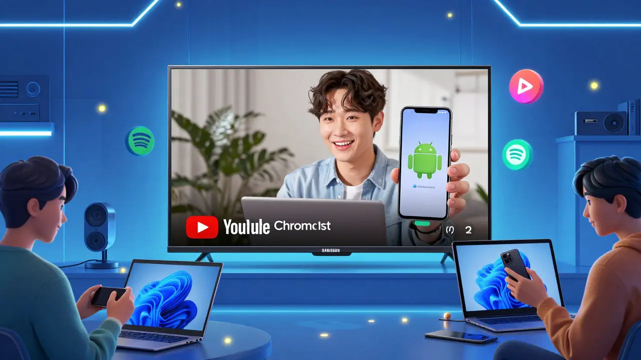 Çeşitli cihazlardan Chromecast Built-In ile TV'ye içerik akışı, renkli akış simgeleriyle görselleştirildi.