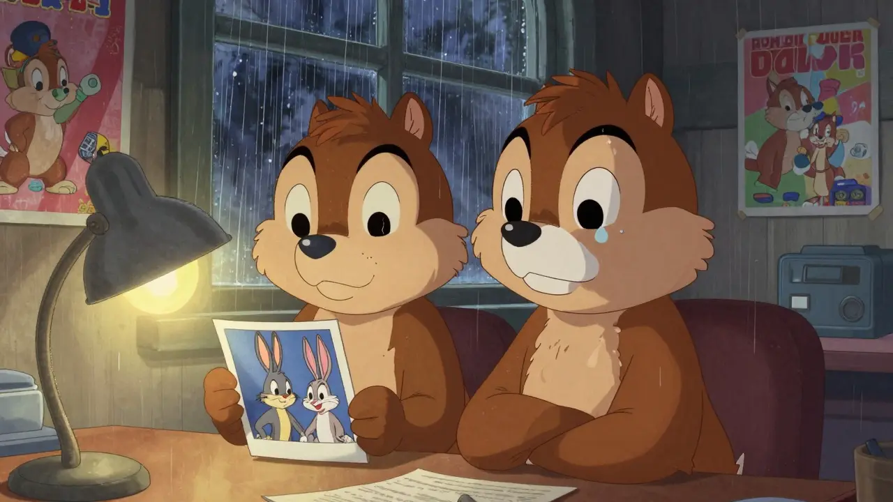 Chip ve Dale, eski çizgi film posterleriyle dolu bir ofiste, Roger Rabbit ve Bugs Bunny'nin fotoğrafını tutuyor, yağmurlu pencere arkasında.