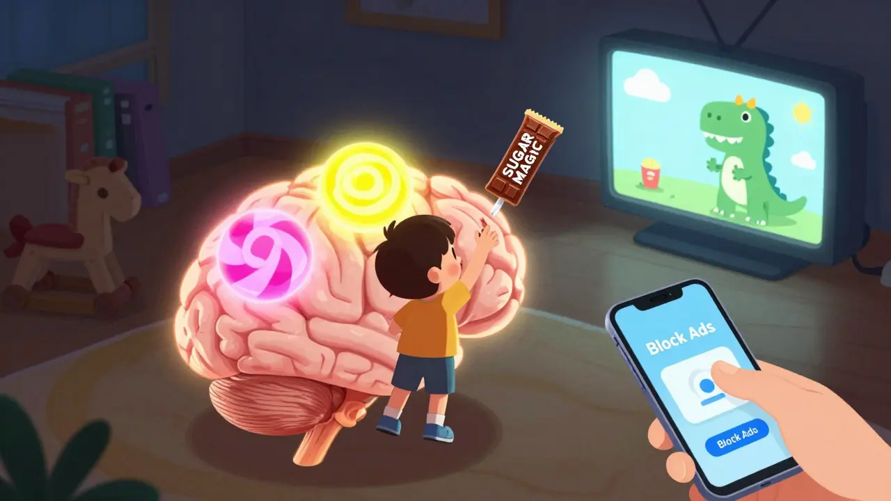 Çocuğun beynindeki ödül merkezleri reklamlarla parlıyor, dışarıda bir ebeveyn reklamı engelliyor.