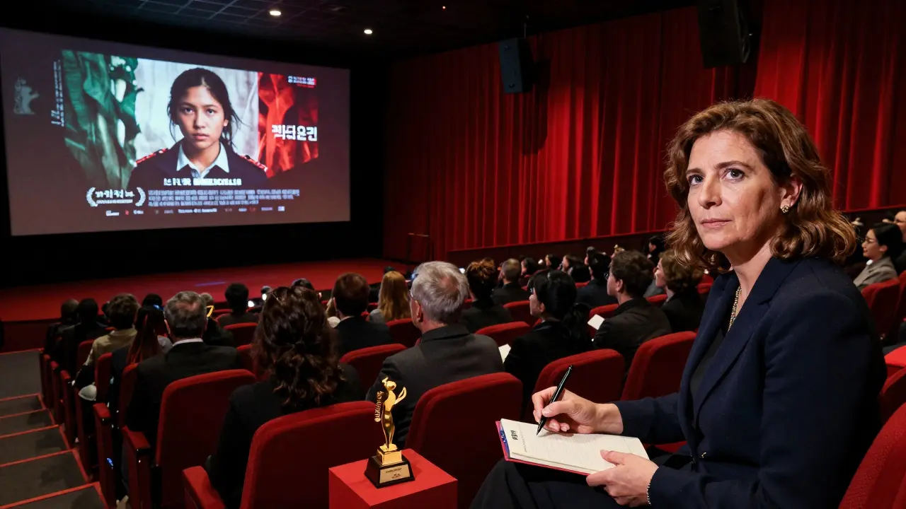Dramatic film screening in Berlinale Palast with jury president observing intently under red curtains.
