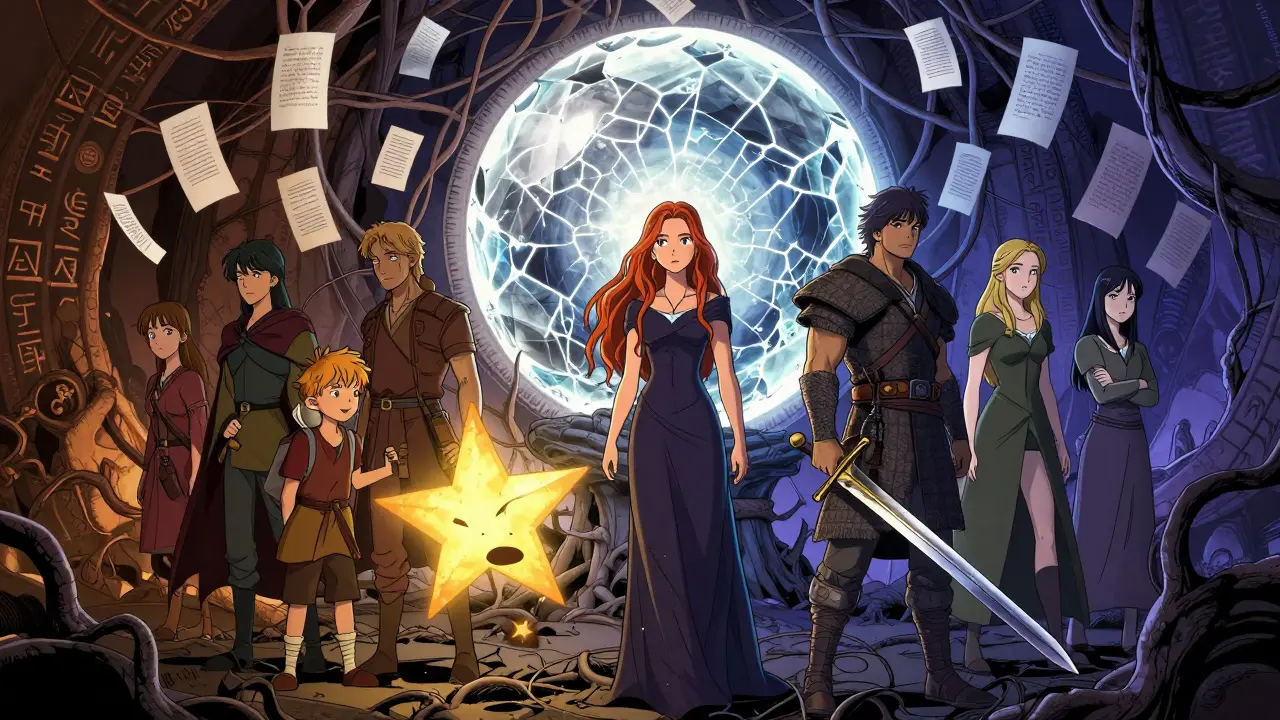 Farklı fantastik karakterler, bir kırık kristal önünde birlikte duruyor; içsel dönüşümü temsil eden semboller etraflarında.