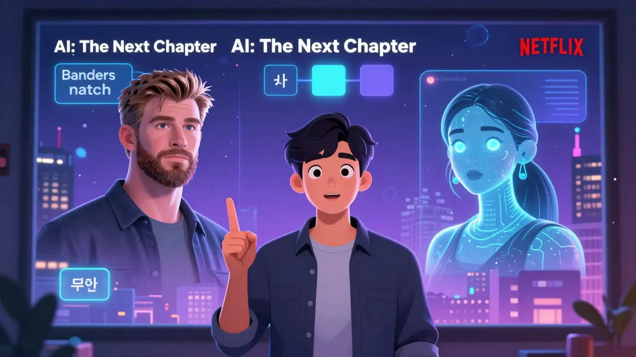 Gelecekteki Netflix arayüzü, bir izleyici AI karakterleriyle etkileşim halinde ve seçimlerle ilerliyor.