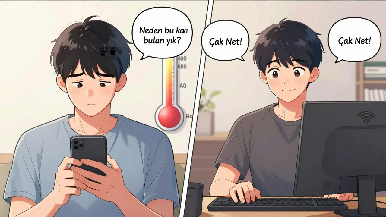 İki izleyici: biri 4G'de bulanık akış izliyor, diğeri yüksek kalitede akışı keyifle izliyor, arka planda internet hızı göstergesiyle.