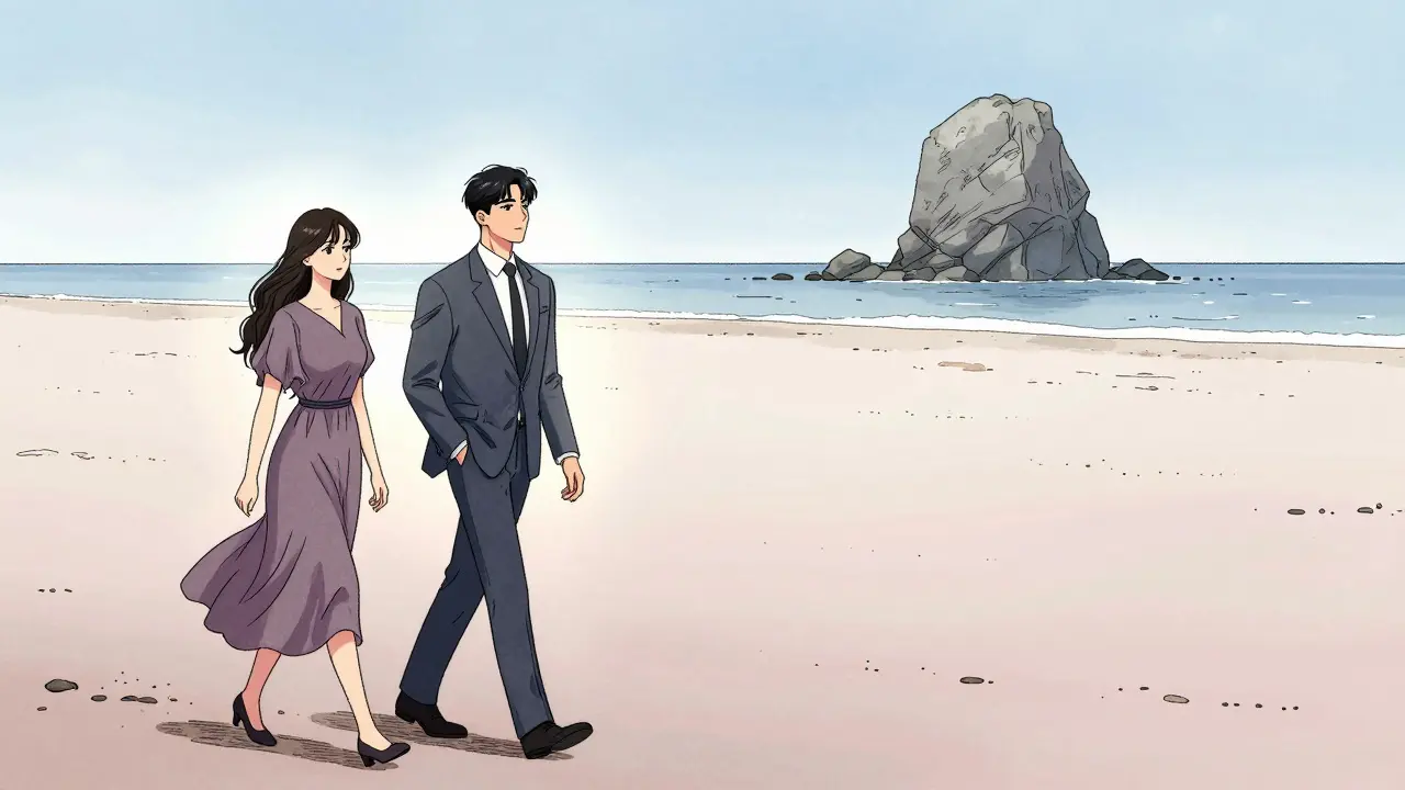 İki kişi, boş bir kıyıda yürüyor, aralarında görünmez bir boşluk var.