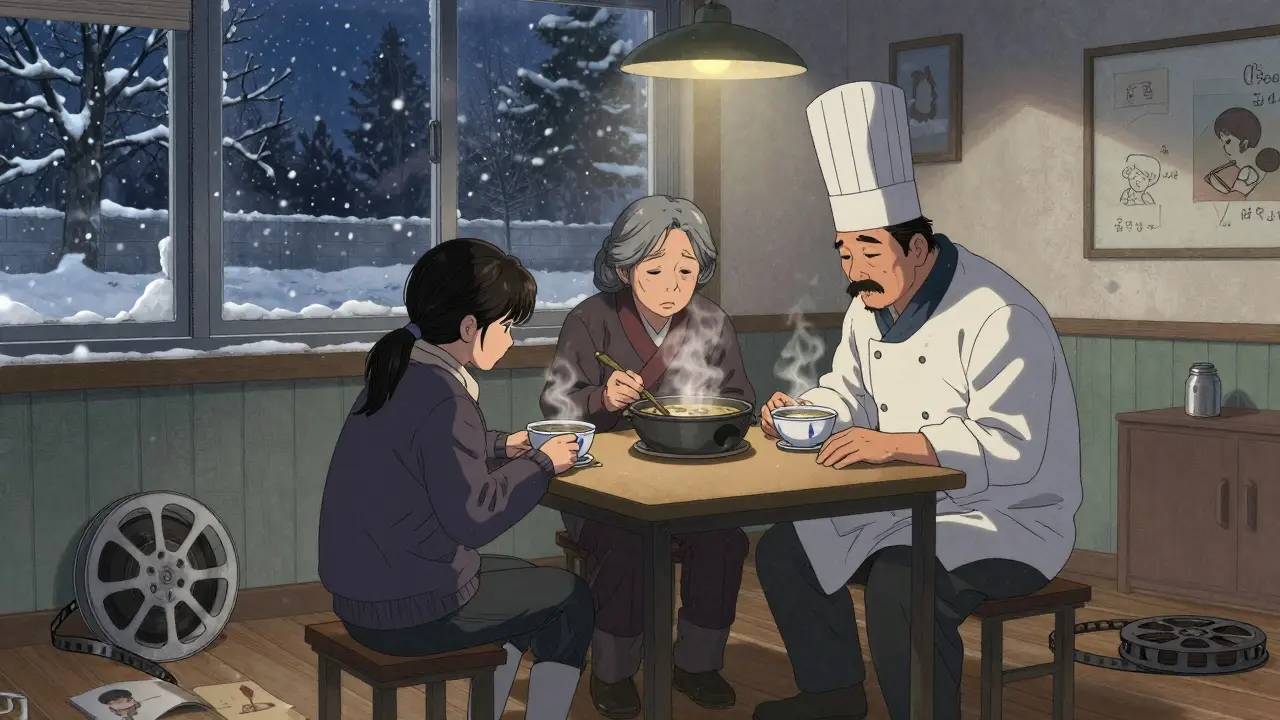 Kış günü bir okulda üç karakter, sıcak çorbayla sessiz bir an geçiriyor.
