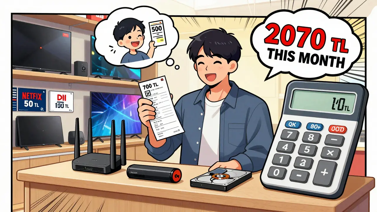 Kişi, Wi-Fi router, streaming cihazı ve disk almak için teknoloji dükkanında.