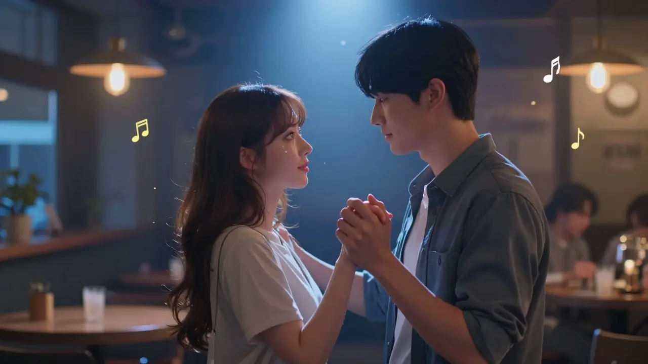 Mia ve Sebastian, kafede sessizce dans ediyor, gözleri birbirine kilitlenmiş, etrafta müzik notları yüzmektedir.