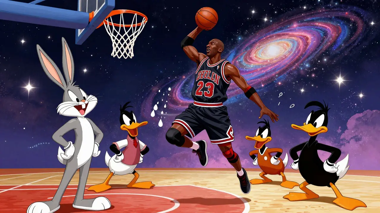 Michael Jordan, uzayda bir basketbol sahasında Looney Tunes karakterleriyle birlikte sepet atıyor, yıldızlar ve galaksiler arka planda.