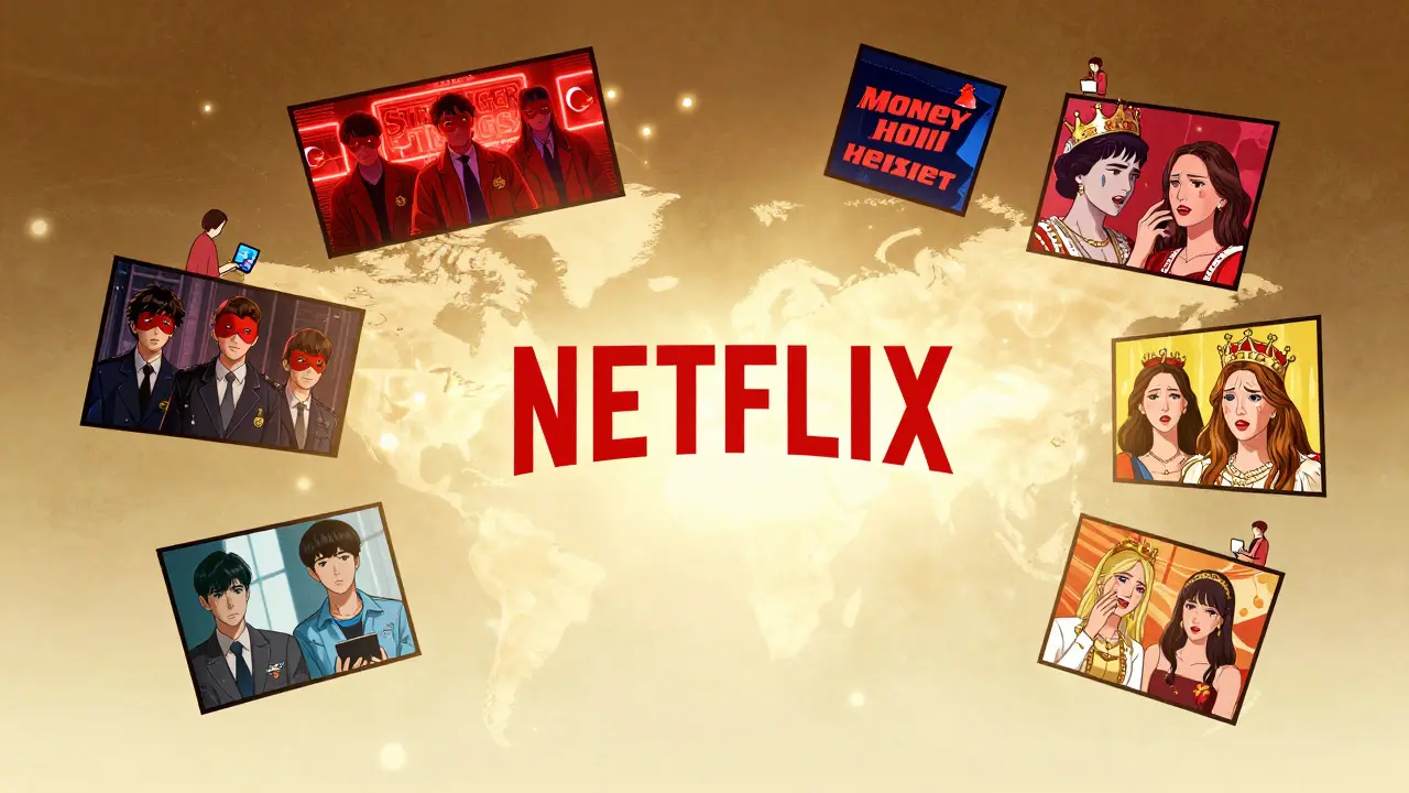 Netflix orijinal dizileri küresel harita etrafında parlayan paneller halinde, izleyicilerle birlikte.