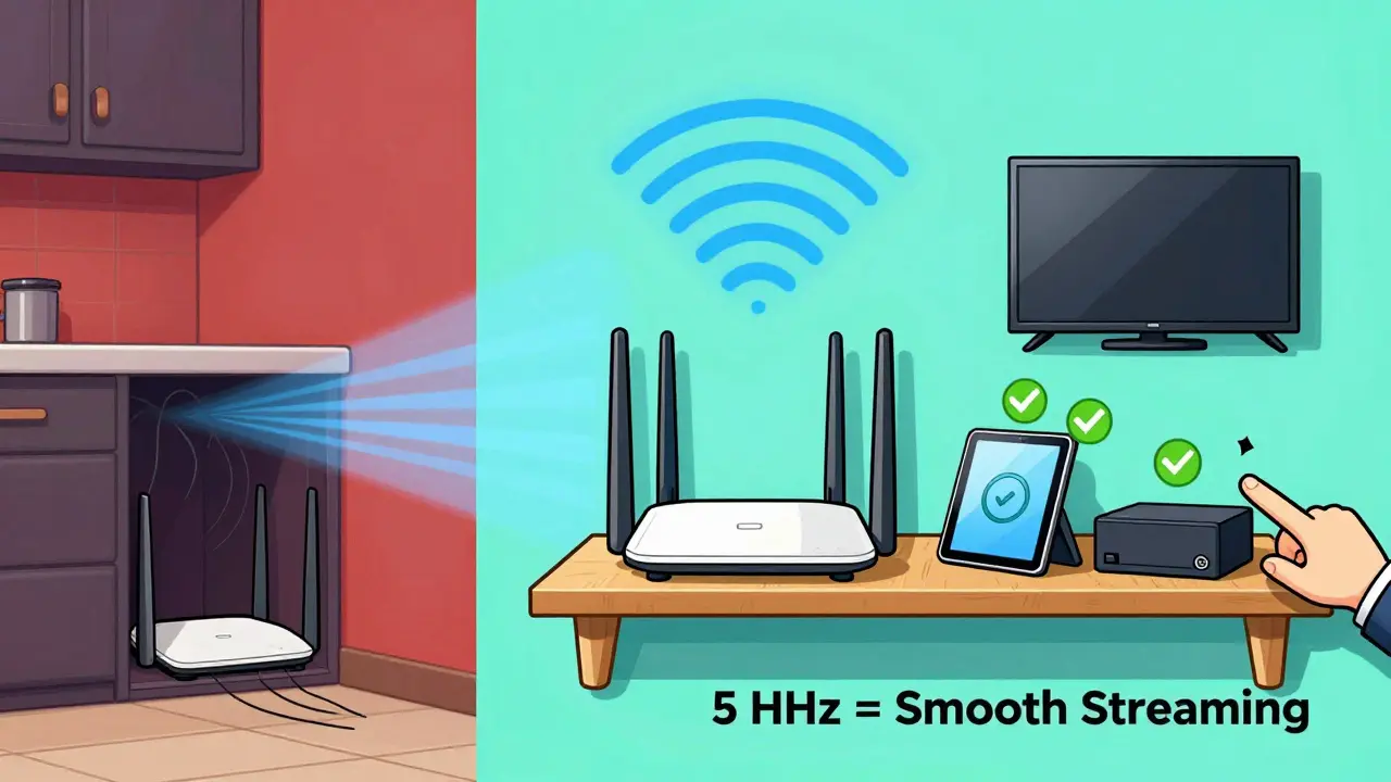 Side-by-side: router in cabinet with weak signal vs. central placement with strong 5 GHz waves.