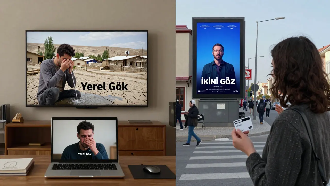 Split scene: viewer watching Turkish documentary at home and later seeing Iranian film on a Berlin billboard.