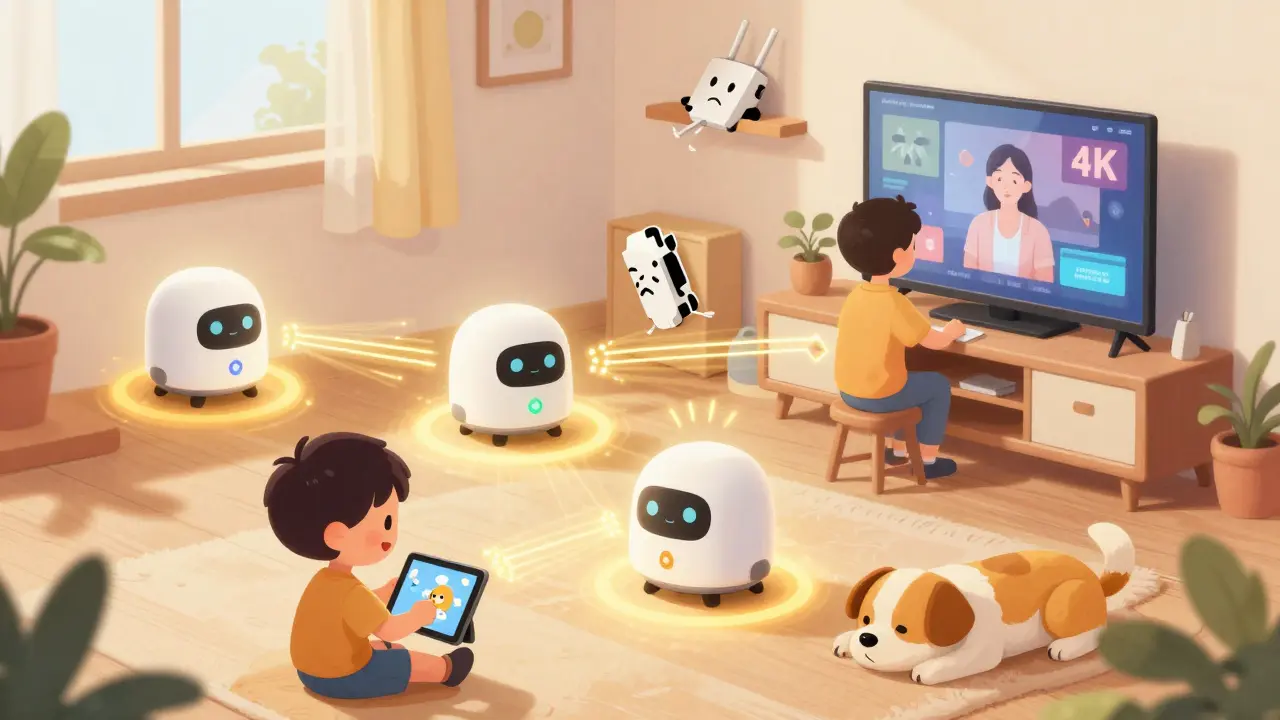 Three glowing mesh nodes spread strong Wi-Fi signals throughout a home, enabling smooth streaming.