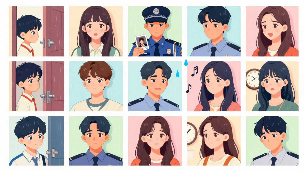 Twelve characters from 'Magnolia' each in their own emotional moment, connected by a falling raindrop.