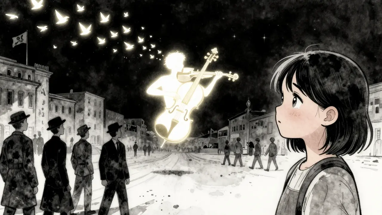 A cello's melody turns into birds rising above a Holocaust scene, symbolizing hope.