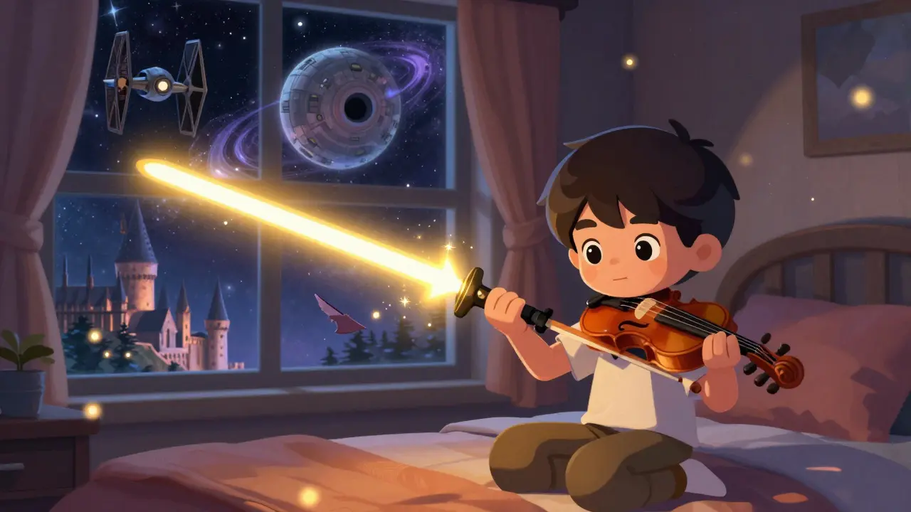 A child plays Star Wars theme on a violin, magical film elements swirling around them.