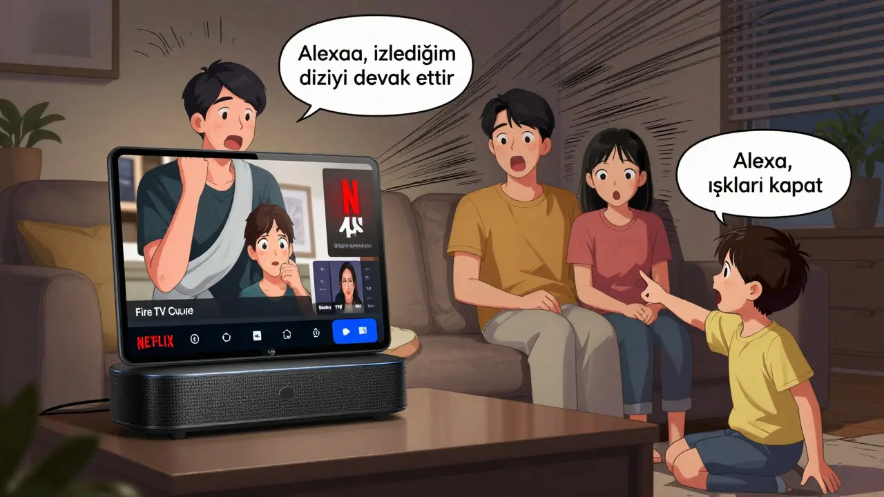 Bir aile, Fire TV Cube ile dizisini sesle devam ettirirken ışıklar kapanıyor, Türkçe komutlar görsel olarak görülüyor.